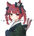  1girl alternate_costume animal_ears black_bow bow braid cat_ears cat_girl cat_tail closed_mouth commentary_request green_kimono hair_bow hair_ornament highres japanese_clothes kaenbyou_rin kimono lace_trim long_hair long_sleeves looking_at_viewer multiple_tails necono_(nyu6poko) red_eyes red_hair simple_background skull_ornament solo tail touhou twin_braids two_tails upper_body white_background x_hair_ornament 