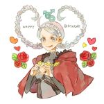  1girl ahoge bangs black_bridal_gauntlets braid buttons capelet chest_harness fire_emblem fire_emblem_fates flower grey_hair hairband harness heart heart_hair heart_hands hood hood_down low_twin_braids nina_(fire_emblem) o-ring open_mouth parted_bangs red_capelet red_hood rose shourou_kanna solo turtleneck twin_braids white_hairband 