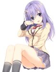  1girl aria. bangs black_socks bow bowtie breasts brown_vest commentary_request eyelashes feet_out_of_frame from_below grey_skirt hair_between_eyes hand_on_own_cheek hand_on_own_face head_tilt ise_kotori jacket large_breasts light_blush light_purple_hair long_hair long_legs long_sleeves looking_at_viewer miniskirt open_mouth plaid plaid_skirt pleated_skirt purple_eyes red_bow red_bowtie riddle_joker school_uniform shirt sidelocks simple_background sitting skirt socks solo thighs vest white_background white_shirt wing_hair_ornament yellow_jacket 