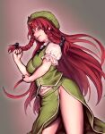 1girl artist_name beret braid breasts contrapposto cowboy_shot gengoroumaru_(ambidextrous) groin hat hat_ornament highres hong_meiling large_breasts long_hair looking_at_viewer puffy_short_sleeves puffy_sleeves red_hair short_sleeves side_slit simple_background solo star_(symbol) star_hat_ornament touhou twin_braids twitter_username very_long_hair 