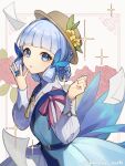  1girl artist_name bangs blue_dress blue_hair blunt_bangs braid butterfly_hair_ornament commentary_request dress floral_background flower genshin_impact hair_flower hair_ornament hair_up hands_up hat hat_flower highres kamisato_ayaka kamisato_ayaka_(springbloom_missive) light_blue_hair long_sleeves looking_at_viewer mole mole_under_eye official_alternate_costume paper parted_lips puffy_long_sleeves puffy_sleeves shimanakao_(shimanaka_sushi) solo sparkle upper_body white_background 