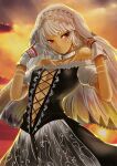  1girl altera_(fate) bangs bare_shoulders black_dress body_markings center_opening cloud dark-skinned_female dark_skin dress fate/extella fate/extra fate/grand_order fate_(series) gloves gradient_sky looking_at_viewer navel orange_sky red_eyes senbon_tsuki short_hair sky smile solo sunset thighs twilight veil white_gloves white_hair 