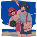  2girls :3 absurdres ahoge arm_up aruko_okara bangs bar_censor beach black_hair black_shorts blue_eyes border bow carrying carrying_under_arm censored cloud collarbone contrail cowboy_shot domino_mask food front-tie_top fruit glasses hair_between_eyes hair_bow hasu_art highres holding holding_stick identity_censor indie_virtual_youtuber leaning_to_the_side light_frown long_hair looking_at_viewer mask midriff multiple_girls ocean open_mouth outside_border pink_hair ponytail print_shirt red_bow red_shorts shirt short_eyebrows short_hair short_shorts short_sleeves shorts smile stick summer sweatdrop thick_eyebrows tokumei_radio tote_bag v-shaped_eyebrows watermelon white_border white_shirt zanko 