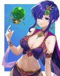  1girl absurdres bare_shoulders blue_background blue_hair border breasts cape cleavage commentary cowboy_shot crystal_ball fire_emblem fire_emblem:_the_blazing_blade fire_emblem_heroes floating floating_object gold_trim highres jurge large_breasts midriff navel official_alternate_costume pelvic_curtain purple_eyes see-through simple_background smile solo ursula_(fire_emblem) ursula_(khadein)_(fire_emblem) white_border 