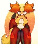  anthro beauty_mark big_breasts breasts canid canine claws delphox eyelashes female fur generation_6_pokemon gesture hand_on_hip hi_res inner_ear_fluff looking_at_viewer mahoxy mammal mature_anthro mature_female navel nintendo open_mouth pokemon pokemon_(species) red_eyes simple_background slightly_chubby smile solo standing tail tuft v_sign 