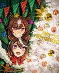  2girls animal_ears bangs banseog blush bow bowtie brown_hair christmas_tree curtains diffraction_spikes gingerbread_man grin highres horse_ears looking_at_viewer merry_christmas multicolored_hair multiple_girls open_mouth purple_eyes red_eyes sirius_symboli_(umamusume) small_stellated_dodecahedron smile star_(symbol) streaked_hair string_of_flags symboli_rudolf_(umamusume) umamusume 