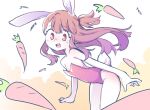  1girl animal_ears armpit_crease asymmetrical_bangs bangs bare_shoulders blunt_bangs brown_hair carrot dot_nose flat_chest kagari_atsuko leotard light_blush little_witch_academia long_hair looking_at_viewer one_side_up open_mouth orenji_(wholesomeorenji) playboy_bunny rabbit_ears rabbit_tail red_eyes red_leotard round_teeth sidelocks smile solo straight_hair strapless strapless_leotard tail tareme teeth upper_teeth_only very_long_hair 