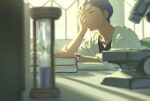  1boy aged_up blurry book bright_pupils closed_mouth coat glasses hand_up holding hop_(pokemon) hourglass indoors looking_down male_focus microscope pokemon pokemon_(game) pokemon_swsh purple_hair reading sankaku short_hair solo watch white_coat white_pupils window wristwatch yellow_eyes 
