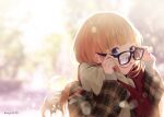  1girl adjusting_eyewear bangs bespectacled black-framed_eyewear blonde_hair blue_eyes blunt_bangs blurry bokeh brown_jacket brown_scarf brown_sweater comiket_95 day depth_of_field enpera fringe_trim glasses grey_sweater grin hand_on_eyewear honeyworks jacket kokuhaku_jikkou_iinkai layered_sleeves long_hair long_sleeves looking_at_viewer looking_back momoiro_oji multicolored_clothes multicolored_jacket narumi_sena open_mouth outdoors pink_lips plaid plaid_jacket red_scarf scarf smile solo sweater teeth twitter_username upper_body winter_clothes 