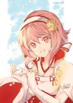  1girl :d atoatto bangs blue_sky capelet cloud elbow_gloves fingerless_gloves fire_emblem fire_emblem_fates gloves hairband japanese_clothes kimono looking_at_viewer open_mouth petals pink_eyes pink_hair sakura_(fire_emblem) short_hair signature sky smile solo twitter_username upper_body white_gloves white_kimono 