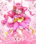  1girl animal_ears asymmetrical_bangs back_bow bangs big_hair bow bridal_gauntlets cherry_blossoms commentary_request cure_grace cure_grace_(partner_form) dated dress earrings gloves hair_ornament hanadera_nodoka hanzou healin&#039;_good_precure healin&#039;_good_precure:_yume_no_machi_de_kyun!_tto_gogo!_daihenshin!! highres jewelry large_bow long_hair long_sleeves looking_at_viewer magical_girl on_liquid open_mouth partial_commentary petals pink_dress pink_footwear pink_hair pink_theme precure rabbit_ears sandals short_dress smile socks solo standing tiara twitter_username very_long_hair wavy_hair white_gloves white_socks wide_sleeves yellow_bow 