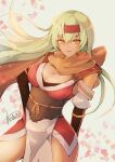  1girl atoatto bangs blonde_hair breasts cleavage cowboy_shot dark-skinned_female dark_skin detached_sleeves fire_emblem fire_emblem:_the_binding_blade fire_emblem_heroes hairband igrene_(fire_emblem) igrene_(ninja)_(fire_emblem) large_breasts long_hair looking_at_viewer ninja official_alternate_costume red_hairband red_scarf scarf signature smile solo yellow_eyes 