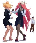  1boy 2girls absurdres angry black_sclera closed_eyes colored_sclera dark_skin dress fighting high_heels highres horns long_hair multiple_girls nara_shikamaru naruto naruto_(series) open_mouth photo-referenced pink_hair punching quad_tails school_uniform simple_background some1else45 tayuya_(naruto) temari_(naruto) very_long_hair white_background 
