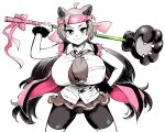  1girl animal_ears bear_ears bear_girl bear_paw_hammer bike_shorts bike_shorts_under_skirt breasts brown_hair extra_ears ezo_brown_bear_(kemono_friends) fur_bracelet headband highres huge_breasts kemono_friends kemono_friends_3 long_hair looking_at_viewer multicolored_hair smile solo torn_clothes torn_sleeves twintails very_long_hair yokuko_zaza 