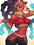  1girl arm_wrap bare_shoulders black_hair bow_hairband braid breasts covered_nipples cowboy_shot dark-skinned_female dark_skin fumio_(rsqkr) hairband highres hip_vent kimberly_(street_fighter) long_hair looking_at_viewer lowleg lowleg_pants midriff multicolored_hairband multiple_braids navel pants solo street_fighter street_fighter_6 