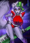 2022 animatronic anthro breasts canid canine canis digital_media_(artwork) female five_nights_at_freddy&#039;s five_nights_at_freddy&#039;s:_security_breach front_view fur grey_body grey_fur hi_res keyboard_instrument keytar looking_at_viewer machine mammal musical_instrument robot roxanne_wolf_(fnaf) scottgames smile solo wolf yasmil yellow_eyes 