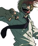  1boy black_necktie blonde_hair blood blood_spray brown_eyes chainsaw chainsaw_man collared_shirt denji_(chainsaw_man) floating_necktie harukamiart highres looking_at_viewer male_focus necktie open_mouth sharp_teeth shirt short_hair simple_background solo spiked_hair teeth tongue tongue_out transformation white_background white_shirt 