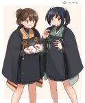  2girls blue_hair blush brown_hair coat food green_hakama green_kimono hair_ribbon hakama hakama_short_skirt hakama_skirt hiryuu_(kancolle) japanese_clothes kantai_collection kimono mochi multiple_girls one_side_up orange_kimono ribbon rin_(rin_niji) short_hair skirt smile souryuu_(kancolle) twintails twitter_username white_background winter_clothes yellow_background 