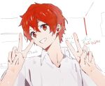  1boy collared_shirt double_v kiyose_akira looking_at_viewer majiro_(mazurka) male_focus partially_colored red_eyes red_hair shirt short_hair sketch smile solo teeth thank_you uniteup! v white_background white_shirt 