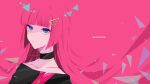  1boy androgynous black_shirt blue_eyes character_name choker hair_ornament hairclip highres long_hair long_sleeves looking_at_viewer male_focus neon_(technoroid) off-shoulder_shirt off_shoulder parted_lips pink_background pink_hair shenaa shirt solo technoroid 