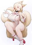  1girl animal_ear_fluff animal_ears bangs blonde_hair blush breasts covered_navel detached_sleeves earrings extra_ears fox_ears fox_girl fox_shadow_puppet fox_tail highres huge_breasts jewelry long_hair looking_at_viewer mole mole_on_breast multiple_tails original pointy_ears rabbit_(wlsdnjs950) red_eyes ribbon-trimmed_sleeves ribbon_trim simple_background skin_tight skindentation solo tail tassel very_long_hair 