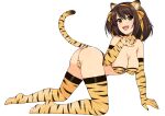  1girl all_fours animal_ears animal_print arm_support ass bangs bare_shoulders bikini blush breasts brown_eyes brown_hair cleavage elbow_gloves fake_animal_ears fake_tail full_body gloves hair_ornament hairband haruhisky highres long_hair looking_at_viewer medium_breasts open_mouth paw_pose short_hair simple_background smile solo strapless suzumiya_haruhi suzumiya_haruhi_no_yuuutsu swimsuit tail teeth thighhighs thighs tiger_ears tiger_print tiger_tail upper_teeth_only white_background 