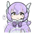  1girl blue_hair brown_eyes cherushi_2 down_jacket headphones humboldt_penguin_(kemono_friends) jacket kemono_friends kemono_friends_v_project long_hair looking_at_viewer lucky_beast_(kemono_friends) microphone multicolored_hair open_mouth penguin_girl purple_hair ribbon simple_background solo virtual_youtuber zipper 