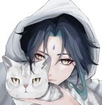  1boy animal cat colored_inner_hair diamond-shaped_pupils diamond_(shape) english_commentary eyeshadow facial_mark forehead_mark genshin_impact gradient_hair green_hair grey_cat hair_between_eyes highres holding holding_animal holding_cat hood hood_up hoodie looking_at_viewer makeup medium_hair multicolored_hair parted_hair photo-referenced portrait red_eyeshadow sidelocks signature simple_background symbol-shaped_pupils twitter_username white_background white_hoodie xiao_(genshin_impact) yellow_eyes yuun_ko 