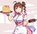  1girl ahoge apron bangs bottle bow bowtie brown_hair closed_mouth collared_shirt commentary cowboy_shot dress drill_hair food frilled_apron frilled_dress frills frown half-closed_eye holding holding_tray idolmaster idolmaster_million_live! kamille_(vcx68) looking_at_viewer maid_headdress medium_hair pancake pink_bow pink_bowtie pink_dress puffy_short_sleeves puffy_sleeves purple_eyes shirt short_dress short_sleeves side_drill side_ponytail solo standing tray waist_apron waitress white_apron white_shirt wrist_cuffs yokoyama_nao 