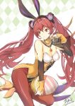  1girl animal_ears atoatto bangs bare_shoulders breasts choker cleavage detached_sleeves egg fake_animal_ears fire_emblem fire_emblem_awakening fire_emblem_heroes flower gloves hair_flower hair_ornament high_heels holding holding_egg leg_up leotard long_hair looking_to_the_side pantyhose playboy_bunny rabbit_ears red_eyes red_hair red_pantyhose severa_(fire_emblem) severa_(spring)_(fire_emblem) signature small_breasts solo twintails very_long_hair white_gloves 