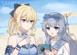  2girls bangs bare_shoulders beach_umbrella black_bow blonde_hair blue_bow blue_eyes blue_sailor_collar blue_shirt blue_sky bow breasts camera cloud cloudy_sky commentary_request day fallenstar_0718 genshin_impact grey_hair hair_between_eyes hair_bow highres holding holding_camera holding_photo jean_(genshin_impact) jean_(sea_breeze_dandelion)_(genshin_impact) long_hair medium_breasts multiple_girls original outdoors photo_(object) pink_bow ponytail sailor_collar sample_watermark shirt sky sleeveless sleeveless_shirt umbrella upper_body white_shirt 