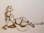  2022 5_fingers 5_toes anthro black_nose breasts canid canine canis feet female fingers fur mammal smile solo teiirka toes traditional_media_(artwork) white_body white_fur wolf yellow_eyes 