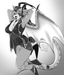  2_toes anthro bottomwear breasts cleavage clothed clothing dalipuff digital_drawing_(artwork) digital_media_(artwork) dragon feet female greyscale hair horn jewelry long_hair membrane_(anatomy) membranous_wings monochrome necklace pants pinup pose scalie sharp_teeth solo teeth toes topwear vest wings 