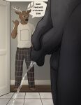  absurd_res anthro balls black_body black_fur bodily_fluids clear_urine clothing deer dialogue echto foreskin fur genital_fluids genitals hi_res male mammal pajamas peeing penis solo unknown_species urine 