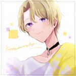  1boy black_choker blonde_hair choker closed_mouth dated hair_ornament hairpin happy_birthday highres lana_(technoroid) looking_at_viewer male_focus mole mole_under_mouth multicolored_shirt purple_eyes shenaa shirt short_hair smile solo technoroid white_background white_shirt yellow_shirt 
