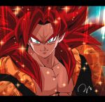  aura blue_eyes dragon_ball dragon_ball_gt energy fusion glowing gogeta light_particles long_hair looking_at_viewer metamoran_vest monkey_boy pov red_hair ruto830 solo sparkle spiked_hair super_saiyan super_saiyan_4 