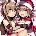 2girls alternate_breast_size bangs bell bikini black_bikini black_gloves blush breasts brown_eyes brown_gloves brown_hair brown_scarf capelet christmas cleavage elbow_gloves fake_antlers fangs folded_ponytail fur-trimmed_capelet fur-trimmed_gloves fur_trim gloves hair_between_eyes hair_ornament hairclip hat highres ikazuchi_(kancolle) inazuma_(kancolle) kantai_collection kuromayu looking_at_viewer medium_breasts multiple_girls open_mouth orange_eyes outline parted_lips pink_outline red_capelet red_gloves santa_hat scarf short_hair simple_background swimsuit upper_body white_background 