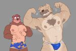  2022 anthro armpit_hair banjo-kazooie banjo_(banjo-kazooie) bear blush blush_lines bodily_fluids body_hair brown_body brown_fur bulge canid canine canis chest_hair clothing countershade_torso countershading deliverymutt domestic_dog duo erection facial_hair flexing floppy_ears fur genital_fluids grey_background head_tuft hi_res jewelry jockstrap male mammal muscular muscular_male mutt_(deliverymutt) navel neck_tuft necklace nipples pattern_clothing pattern_underwear pecs precum precum_through_clothing rareware simple_background sparkles sweat tan_body tan_fur tuft underwear wet wet_clothing 
