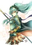  1girl armor atoatto bangs blue_eyes blue_hair bracelet breastplate brown_gloves cape earrings eirika_(fire_emblem) fire_emblem fire_emblem:_the_sacred_stones fire_emblem_heroes gloves hair_between_eyes hair_ornament holding holding_polearm holding_weapon jewelry lance long_hair looking_at_viewer official_alternate_costume polearm ponytail purple_ribbon ribbon shoulder_armor sidelocks signature skirt smile solo thighhighs weapon white_thighhighs 