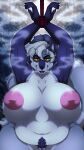  anthro areola arms_above_head arms_tied big_breasts black_lips blue_body blue_fur bound breasts canid female fog fur genitals hair hi_res huge_breasts inverted_nipples lips looking_at_viewer mammal nipples nude outside overweight overweight_anthro overweight_female pink_areola pubes pussy solo unluckyoni white_body white_fur white_hair yellow_eyes 