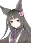  1girl absurdres animal_ears bangs black_hair blunt closed_mouth esto_0079 flower fox_ears fox_girl hair_flower hair_ornament highres kitsunegasaki_tametsugu_(tenka_hyakken) long_hair tenka_hyakken white_background 