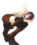  1girl armpits bare_arms bare_shoulders black_choker black_footwear black_thighhighs blue_eyes chainsaw_man choker collared_shirt full_body green_eyes grenade_pin hair_bun hair_over_one_eye highres loafers looking_at_viewer lying on_side parted_lips purple_hair reze_(chainsaw_man) shirt shoes shorts side_slit side_slit_shorts single_hair_bun sleeveless sleeveless_shirt smile solo talesofmea teeth thighhighs white_background white_shirt 