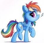  blue_body blue_feathers blue_fur blush butt chest_tuft cutie_mark digital_media_(artwork) dock equid equine eyebrows eyelashes feathers female feral folded_wings friendship_is_magic fur hair hasbro head_tuft hi_res hooves inner_ear_fluff leg_tuft mammal multicolored_hair multicolored_tail musical_note my_little_pony pegasus pink_eyes rainbow_dash_(mlp) rainbow_hair rainbow_tail raised_hoof simple_background solo tail tuft whistling white_background wings zeepheru_pone 