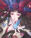  1girl absurdres black_hair bug butterfly butterfly_hair_ornament eyelashes floating_hair hair_ornament hand_up higanbana_(onmyoji) highres hime_cut long_hair onmyoji puckered_lips red_background red_eyes reicbury tassel wide_sleeves wind yomei_higanbana_(onmyoji) 