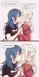  2girls blue_eyes blue_hair blush breasts byleth_(female)_(fire_emblem) byleth_(fire_emblem) cleavage cleavage_cutout closed_eyes closed_mouth clothing_cutout edelgard_von_hresvelg fire_emblem fire_emblem:_three_houses french_kiss highres holding_hands imminent_kiss interlocked_fingers kiss long_hair multiple_girls parted_lips purple_eyes riromomo tongue yuri 