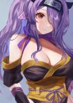  1girl absurdres bare_shoulders breasts camilla_(fire_emblem) camilla_(ninja)_(fire_emblem) cleavage detached_sleeves fire_emblem fire_emblem_fates fire_emblem_heroes forehead_protector hair_over_one_eye highres japanese_clothes jurge large_breasts long_hair looking_at_viewer ninja official_alternate_costume official_alternate_hairstyle ponytail red_eyes smile solo upper_body 