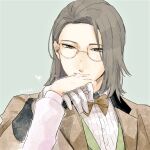  1boy bow bowtie brown_bow brown_bowtie brown_eyes brown_hair brown_jacket comb_over flying_sweatdrops glasses gloves green_background green_vest hakuouki_shinsengumi_kitan heart holding_hands jacket kiss kissing_hand looking_at_viewer male_focus medium_hair out_of_frame sannan_keisuke_(hakuouki) shirt simple_background smile solo_focus suit_jacket upper_body vest white_gloves white_shirt you_(0_5rudo) 