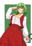  1girl ascot bangs breasts closed_mouth closed_umbrella collared_shirt commentary_request expressionless foot_out_of_frame frilled_ascot frills green_background green_hair hand_in_own_hair highres holding holding_umbrella kakone kazami_yuuka large_breasts long_skirt long_sleeves looking_at_viewer parasol plaid plaid_skirt plaid_vest red_eyes red_skirt red_vest shirt shirt_tucked_in short_hair skirt skirt_set solo touhou two-tone_background umbrella vest white_shirt yellow_ascot 