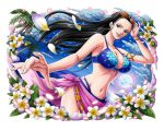  1girl black_hair blue_eyes blue_sky eyewear_on_head falling_petals flower full_moon long_hair moon nico_robin official_art one_piece one_piece_treasure_cruise open_mouth petals sky solo solo_focus sunglasses teeth upper_teeth_only 