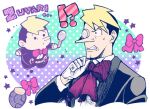  !? 1boy ace_attorney black_hair black_jacket blonde_hair bow bowtie chibi collared_shirt formal gloves hand_to_own_face holding holding_magnifying_glass jacket luke_atmey magnifying_glass male_focus minashirazu monocle multicolored_hair multiple_views open_mouth red_bow shirt short_hair solo star_(symbol) suit two-tone_hair upper_body white_gloves 